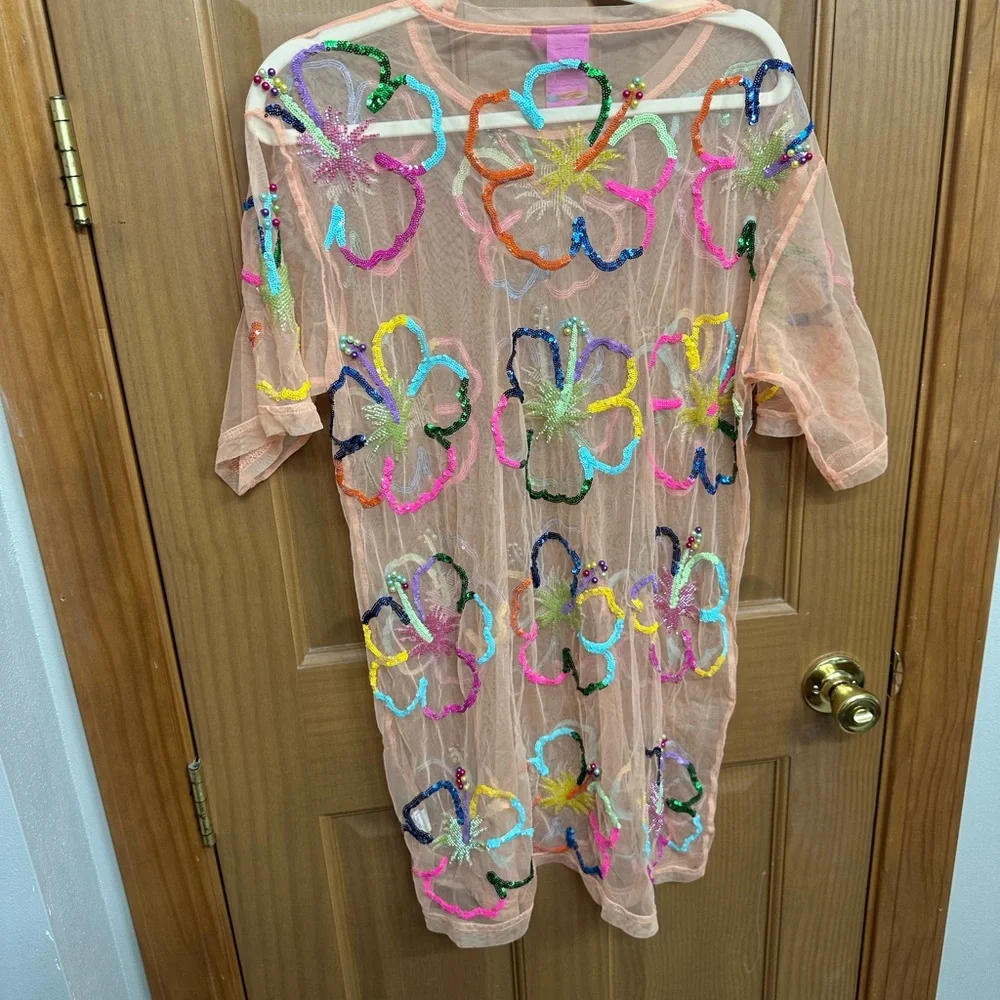 Queen of Sparkles Sheer Peach Floral Sequin Cover-Up